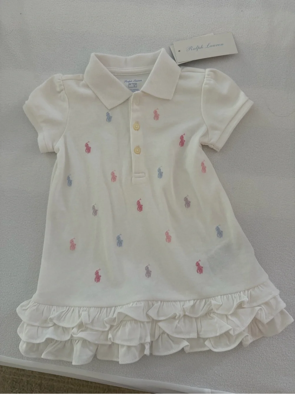 Ralph Lauren White Polo Dress with Multicolor Pastel Pony Embroidery